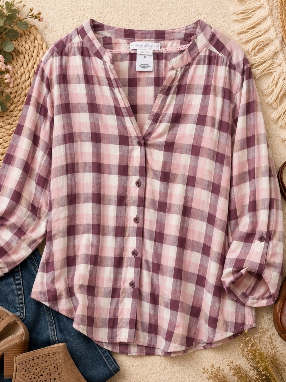 NWT In Every Story Pink Gingham Cotton Blouse X
